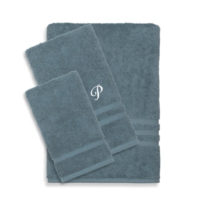 Authentic Hotel and Spa Omni Turkish Cotton Terry 3-piece Medium Blue Bath Towel Set with White Script Monogrammed Initial