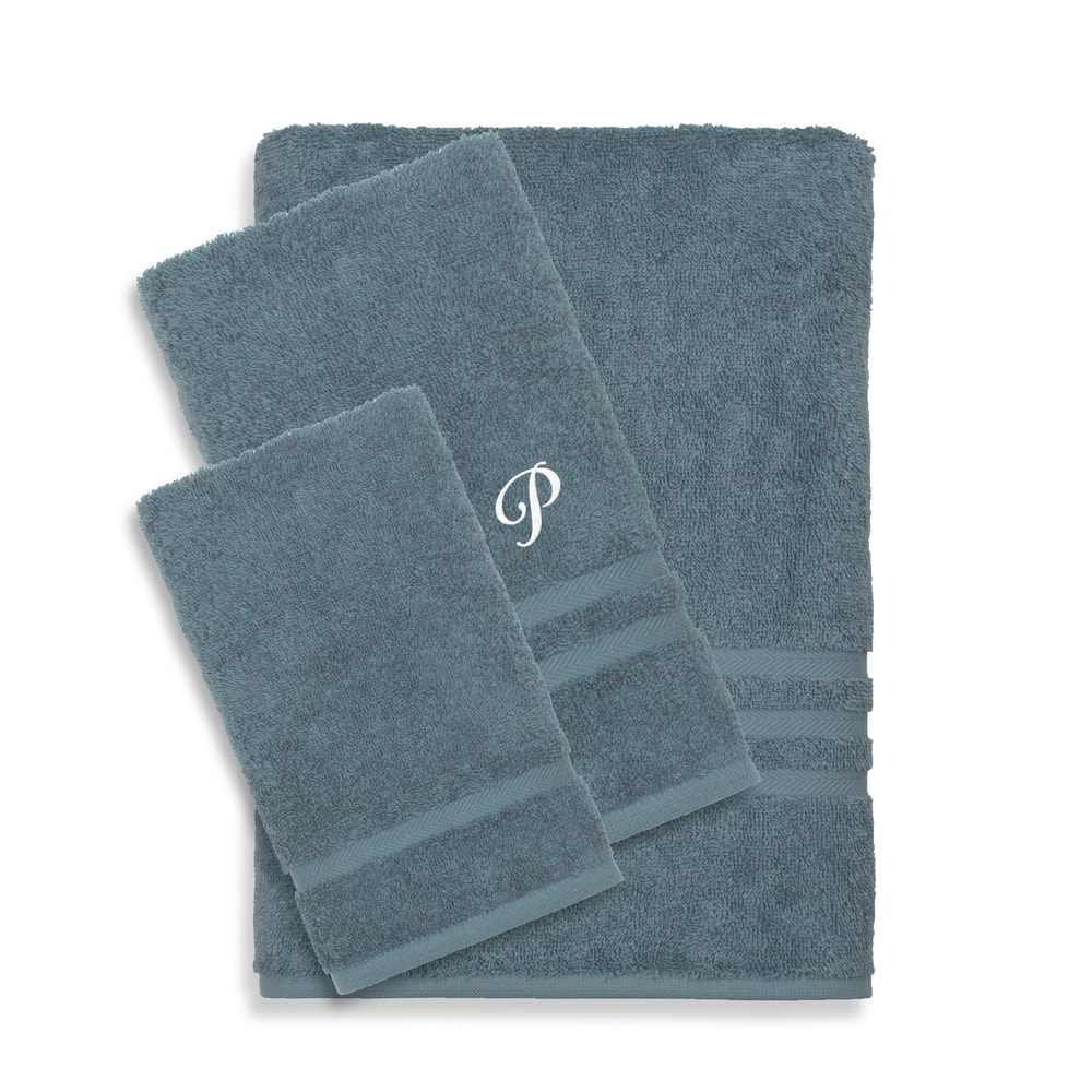 Authentic Hotel and Spa Omni Turkish Cotton Terry 3-piece Medium Blue Bath Towel Set with White Script Monogrammed Initial