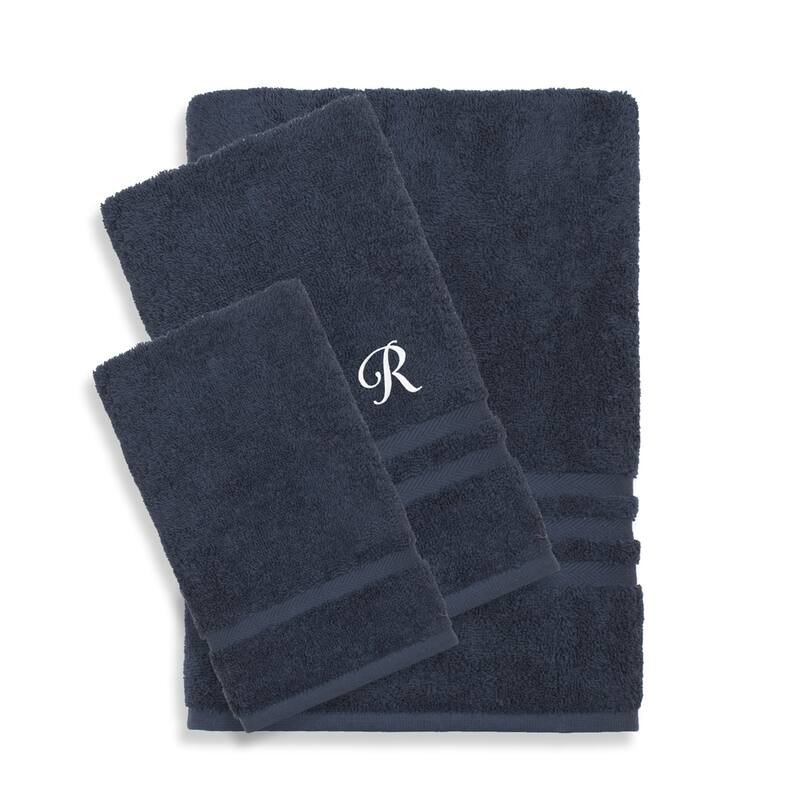 Authentic Hotel and Spa Omni Turkish Cotton Terry 3-piece Navy Blue Bath Towel Set with White Script Monogrammed Initial