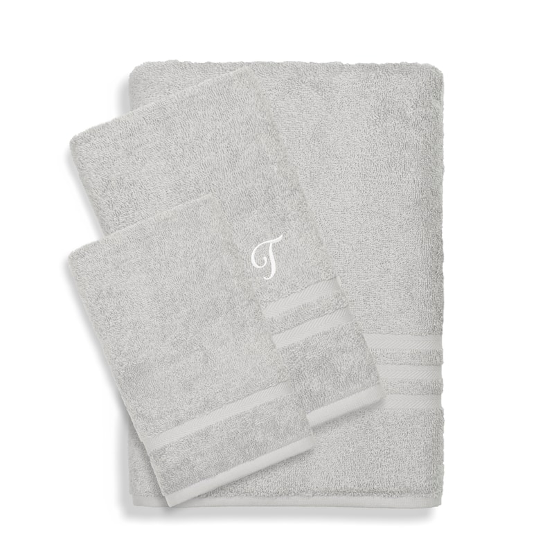 Authentic Hotel and Spa Omni Turkish Cotton Terry 3-piece Grey Bath Towel Set with White Script Monogrammed Initial