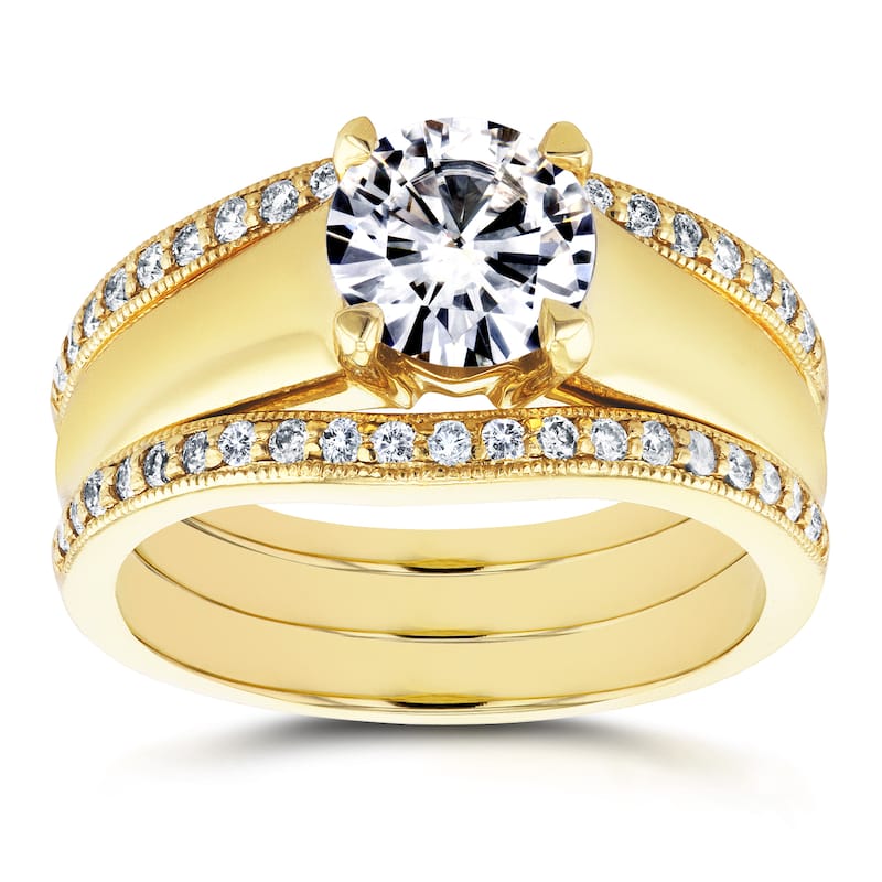 Annello by Kobelli 14k Yellow Gold Round Cut Moissanite Solitaire and 1/3ct TDW Diamond Bands 3-Piec