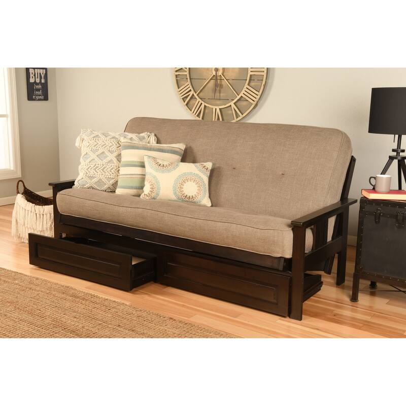 Somette Beli Mont Espresso Finish Futon Set with Linen Mattress and Storage Drawers