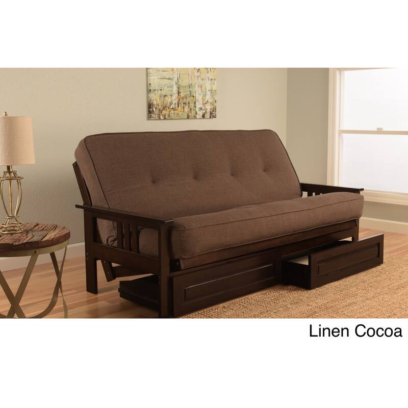 Somette Beli Mont Espresso Finish Futon Set with Linen Mattress and Storage Drawers - Linen Cocoa
