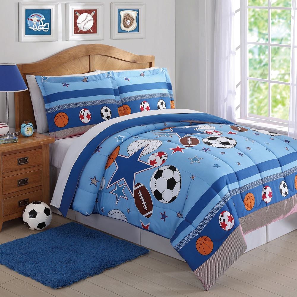 Chezmoi Collection 2-Piece Kids/Teens Sports Bedspread Quilt Set Soft Microfiber Navy Blue Black Orange Red White Basketball Football Soccer Twin Size 