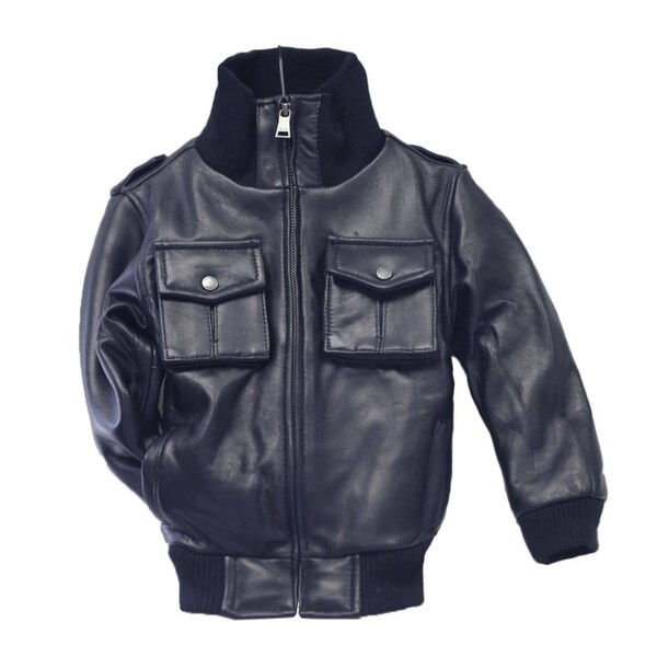 Kid's Navy Lamb Leather Military Bomber Jacket