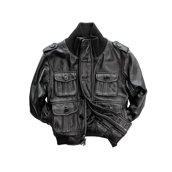 Kid's Black Genuine Lamb Leather Bomber Jacket
