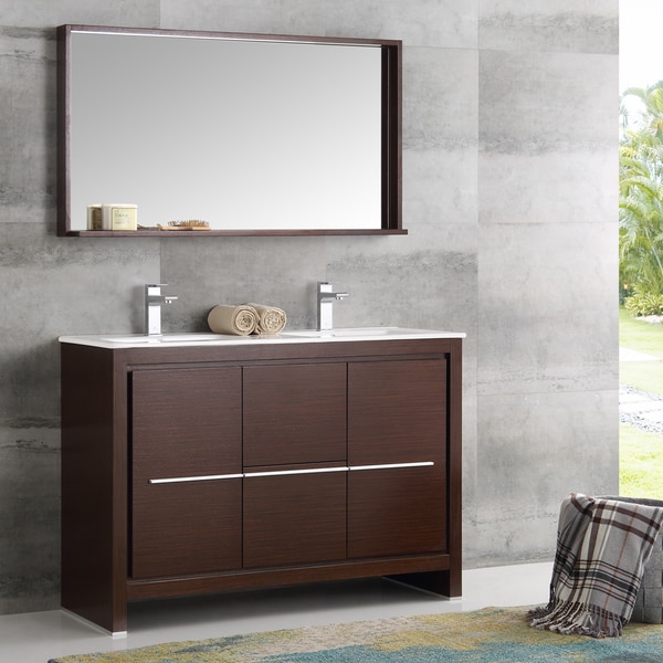 Fresca Allier Wenge Brown Brass 48-inch Modern Double Sink Bathroom Vanity with Mirror