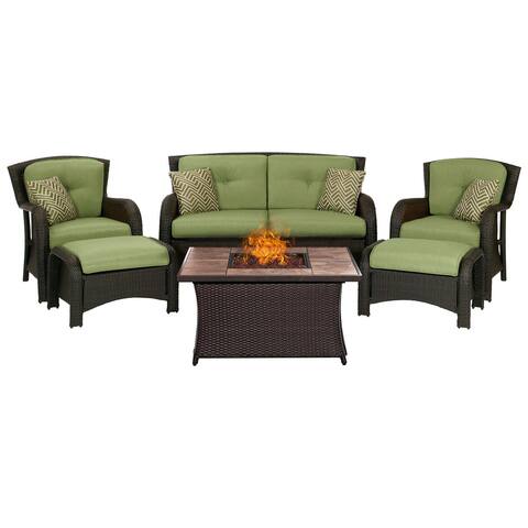 Hanover Outdoor Strathmere 6-Piece Lounge Set In Cilantro Green with Fire Pit Table