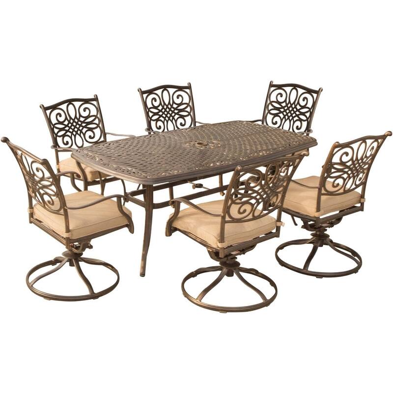 Hanover Outdoor Traditions 7-Piece Dining Set with Six Swivel Dining Chairs and a Large 72 x 38 in. Dining Table