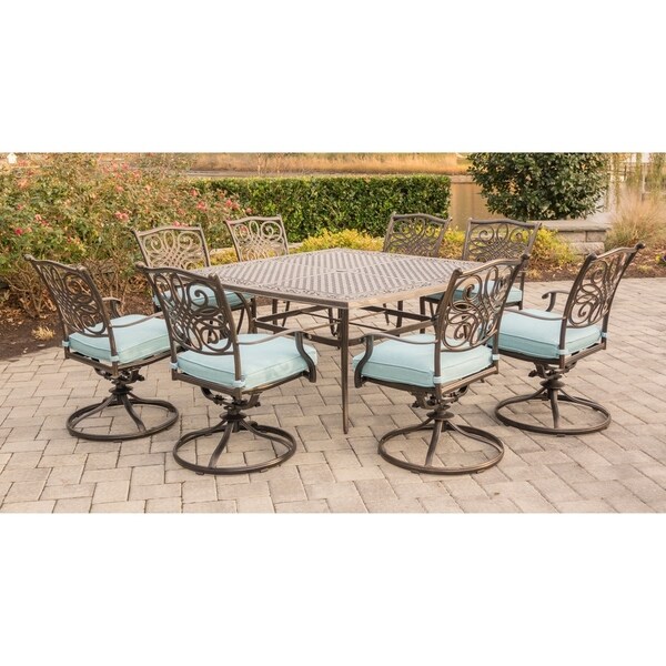 Hanover Outdoor Traditions 9-Piece Square Dining Set with Eight Swivel Dining Chairs and a Large 60 x 60 in. Dining Table