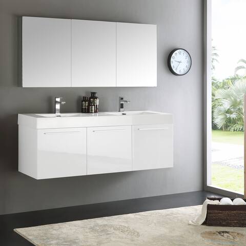 Fresca Vista White 60-inch Wall-hung Double-sink Bathroom Vanity with Medicine Cabinet