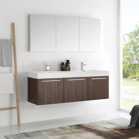 Fresca Vista Walnut 60-inch Wall-hung Double-sink Bathroom Vanity with Medicine Cabinet