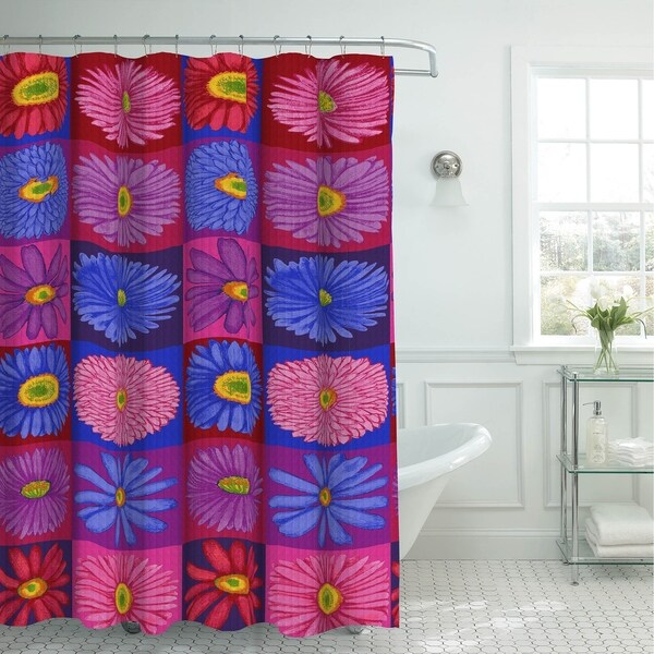 Creative Home Ideas Oxford Weave Textured 13-Piece Shower Curtain with Metal Roller Hooks in Brighten Up Daisy Brights