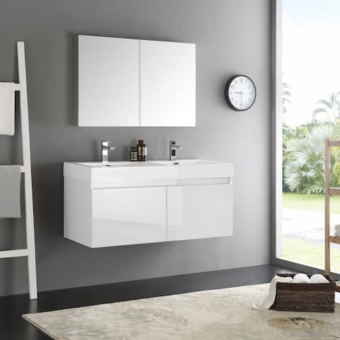 Fresca Mezzo White 48-inch Wall Hung Double Sink Modern Bathroom Vanity with Medicine Cabinet