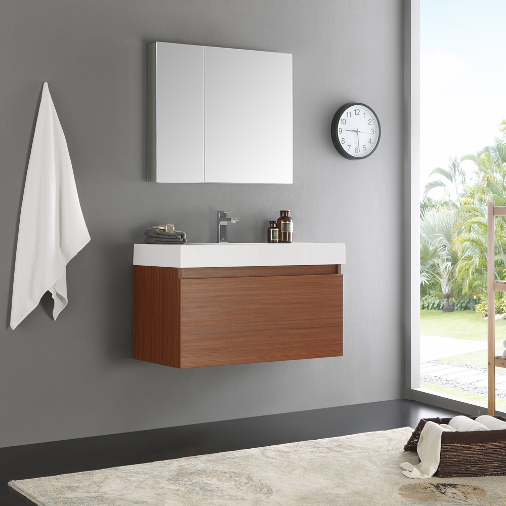 Shop Fresca Mezzo Teak Wall Hung Modern 36 Inch Bathroom Vanity And Medicine Cabinet Overstock 12875717