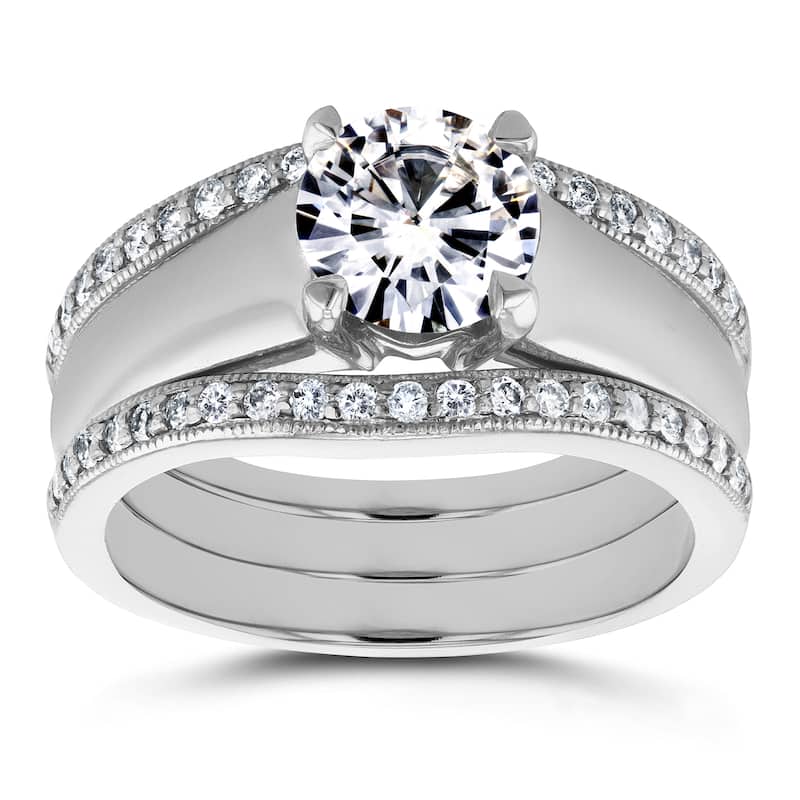 Annello by Kobelli 14k White Gold Round Cut Moissanite Solitaire and 1/3ct TDW Diamond Bands 3-Piece