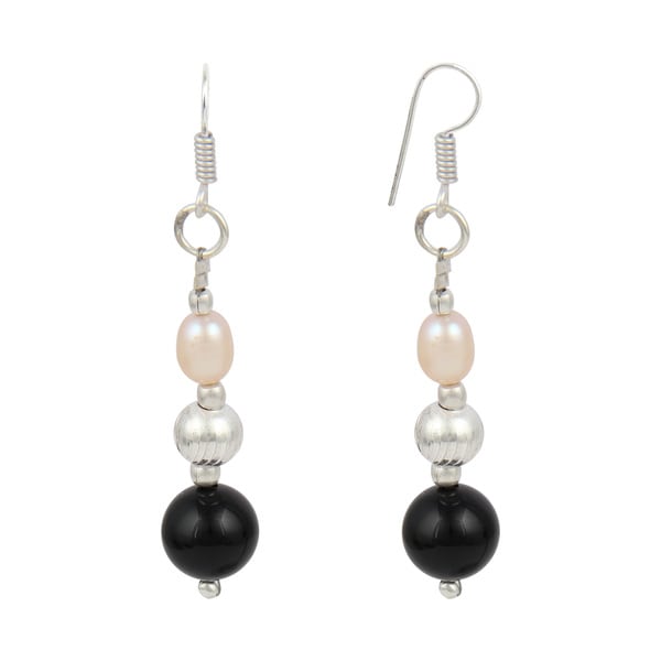 Orange Cultured Freshwater Pearl Black Onyx Dangle Earrings For Orange Cultured Freshwater Pearl Black Onyx Dangle Earrings For Women