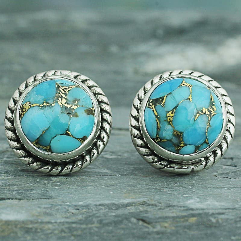 NOVICA Handmade Sterling Silver Cool Aqua Radiance Turquoise Earrings (India) - 0.4*0.4