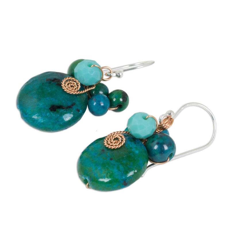 Handmade Sterling Silver 'Moonlight Garden in Teal' Serpentine Earrings (Thailand) - 1.2L*0.6W