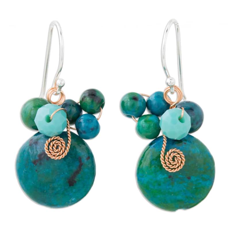 Handmade Sterling Silver 'Moonlight Garden in Teal' Serpentine Earrings (Thailand) - 1.2L*0.6W