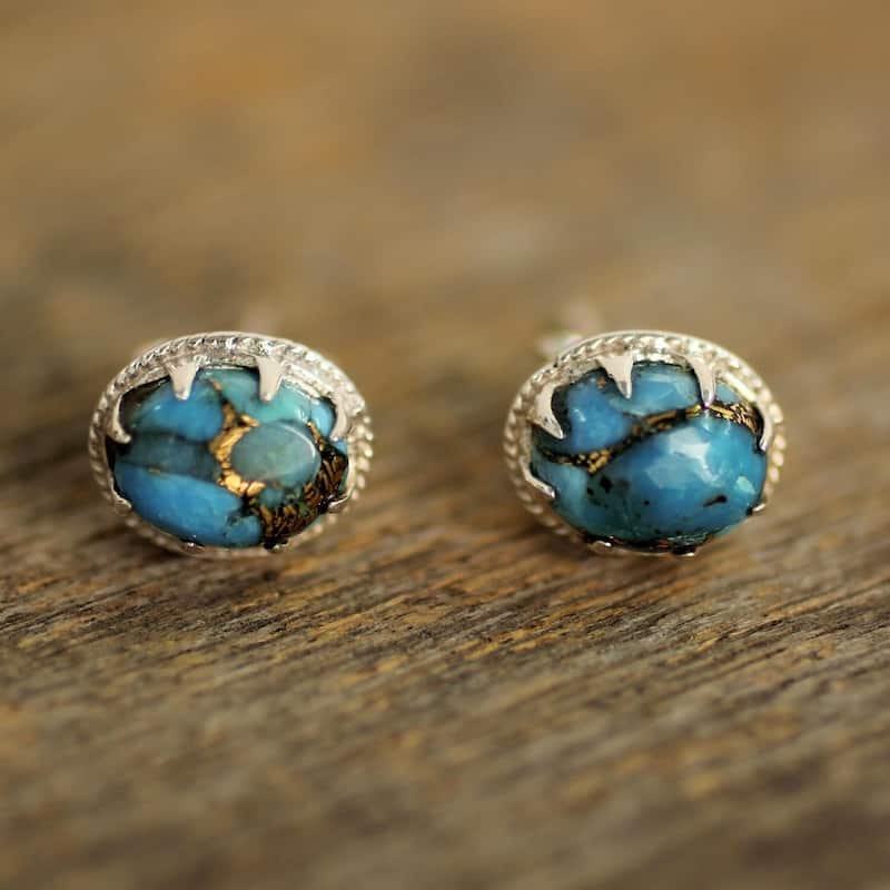 Handmade Sterling Silver Morning in Blue Turquoise Earrings (India) - 0.4*0.3