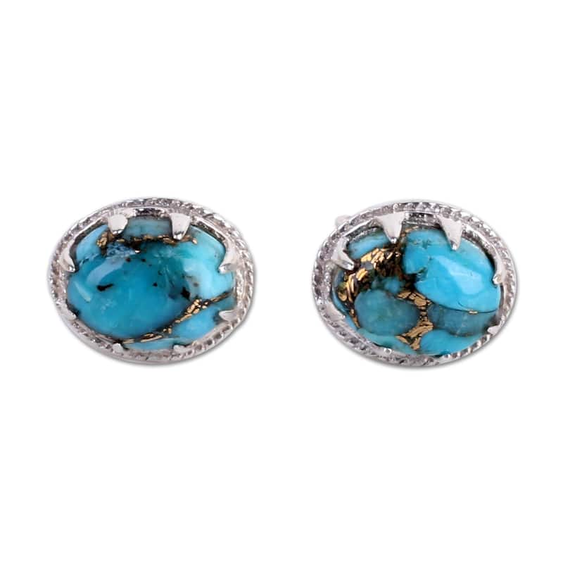 Handmade Sterling Silver Morning in Blue Turquoise Earrings (India) - 0.4*0.3 - 0.4*0.3 - Blue - White
