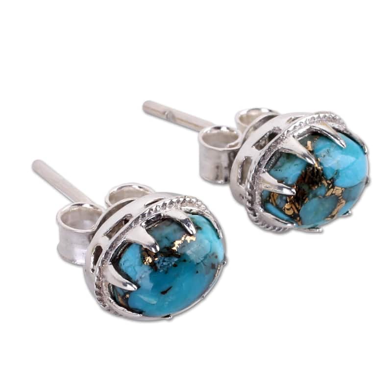 Handmade Sterling Silver Morning in Blue Turquoise Earrings (India) - 0.4*0.3