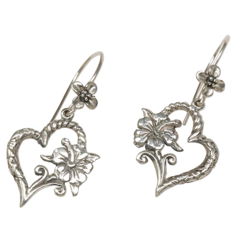 Handmade Hibiscus Bloom Sterling Silver Earrings (Indonesia) - 1.7L*0.7W