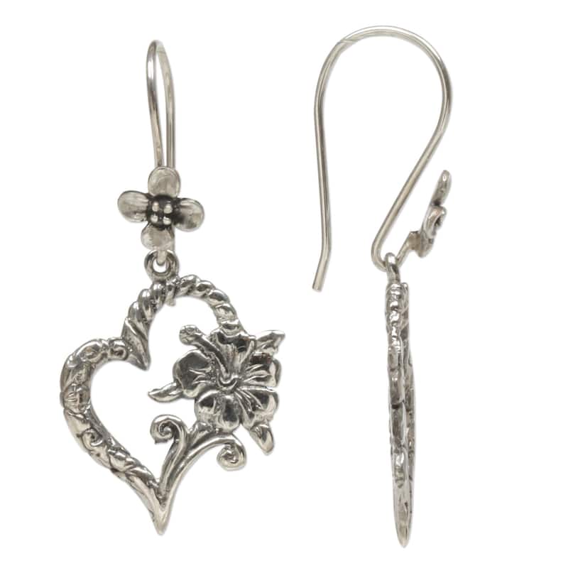 Handmade Hibiscus Bloom Sterling Silver Earrings (Indonesia) - 1.7L*0.7W