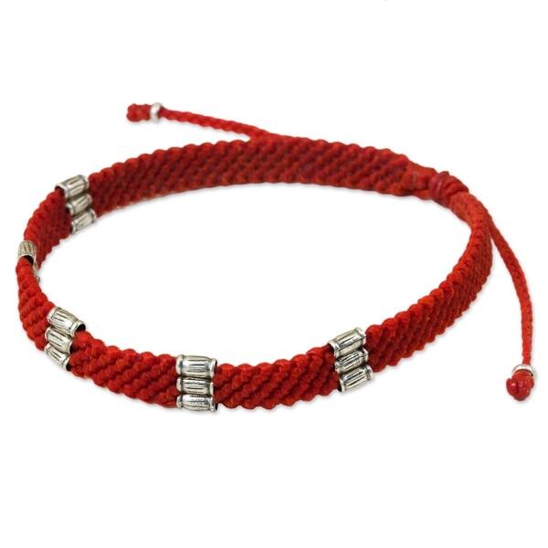 slide 1 of 3, Handcrafted Silver 'Karen Bamboo in Scarlet' Bracelet (Thailand) - 7'6" x 9'6"