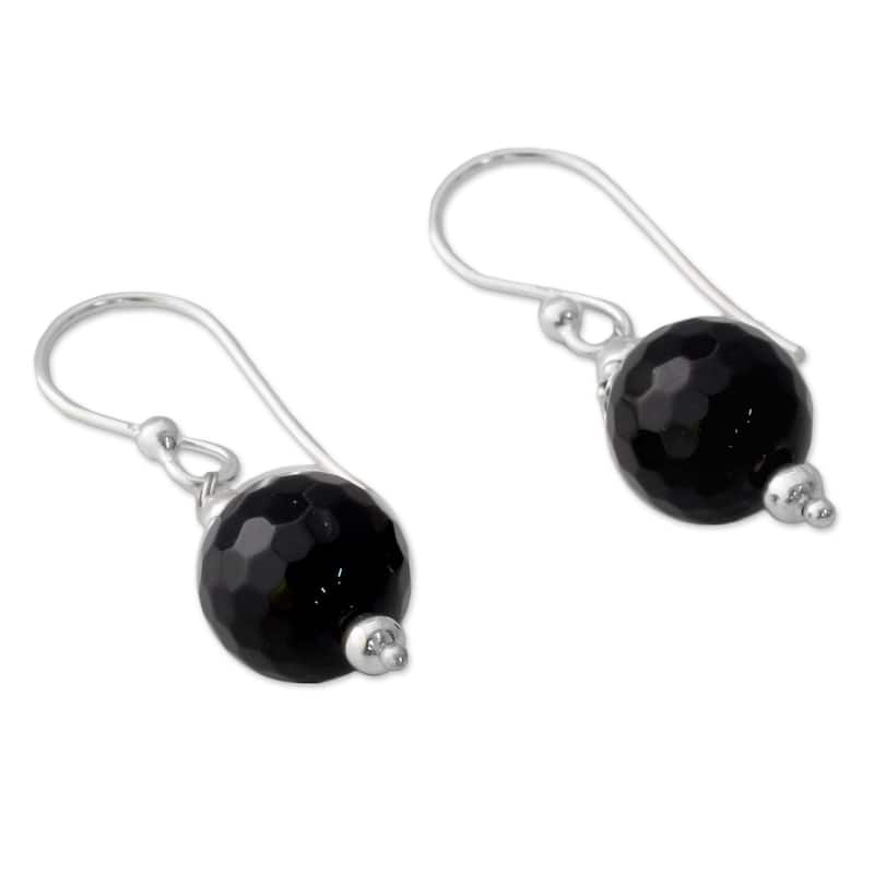 NOVICA Handmade Sterling Silver 'Glorious Black' Onyx Earrings (India) - 1.3*0.4