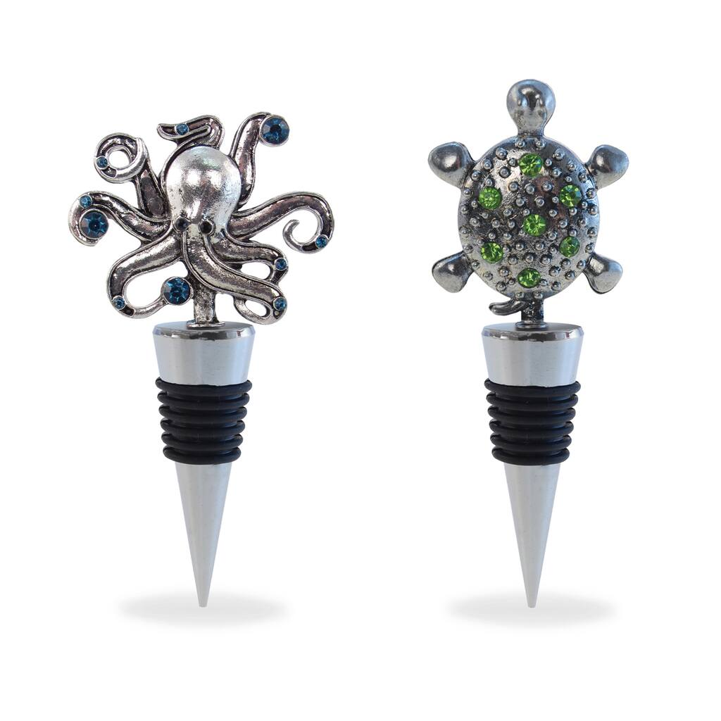 Puzzled 'Sea Turtle and Octopus' Multicolor Metal Wine Stoppers (Set of 2)