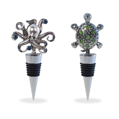 Puzzled 'Sea Turtle and Octopus' Multicolor Metal Wine Stoppers (Set of 2)