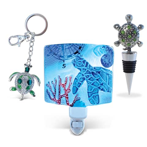 Multicolored Metal Sea Turtle Wine Stopper, Sparkling Charm, and Night Light (Set of 3)