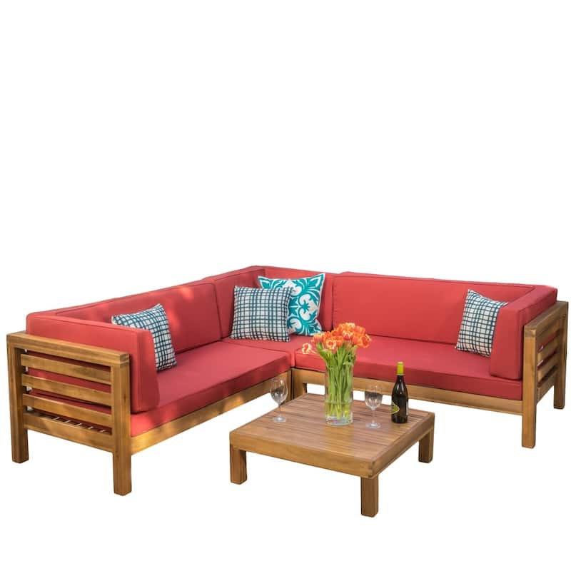 Oana Outdoor 5 Seater V Shaped Mid-Century Modern Acacia Wood Sectional Sofa Set with Coffee Table by Christopher Knight Home
