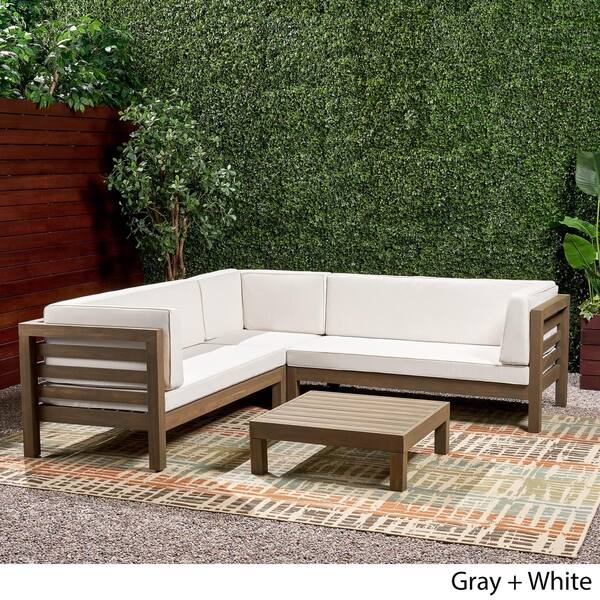 Shop Oana Outdoor 5 Seater V Shaped Acacia Wood Sectional Sofa Set
