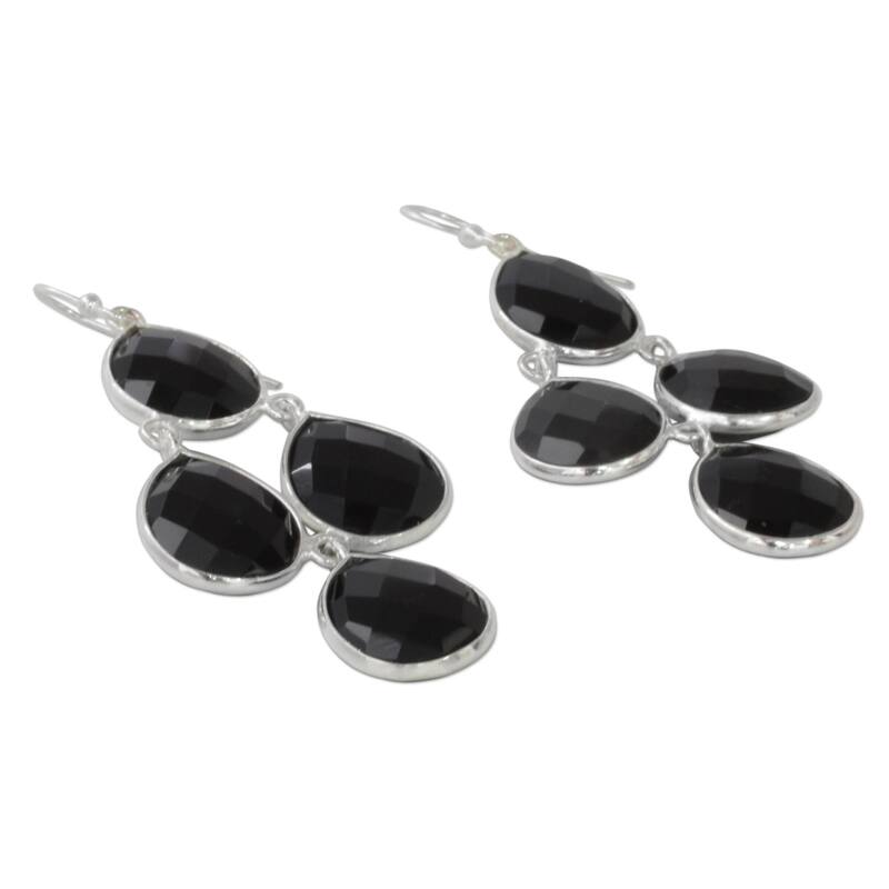 NOVICA Handmade Sterling Silver 'Midnight Chandelier' Onyx Earrings (India) - 2.4*1