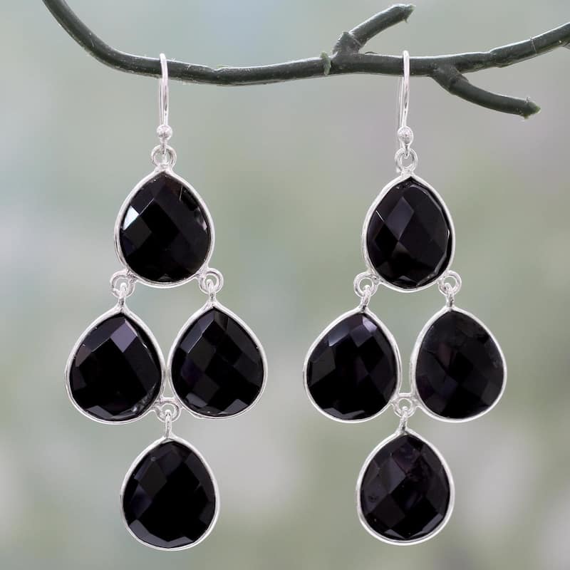 NOVICA Handmade Sterling Silver 'Midnight Chandelier' Onyx Earrings (India) - 2.4*1