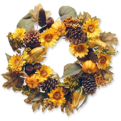 National Tree Company Yellow and Orange Fabric 22-inch Wreath with Pumpkins and Sunflowers