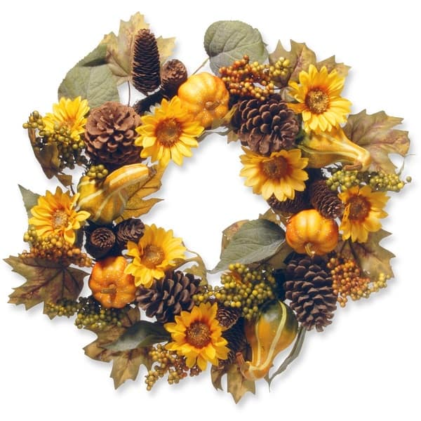 slide 1 of 1, National Tree Company Yellow and Orange Fabric 22-inch Wreath with Pumpkins and Sunflowers