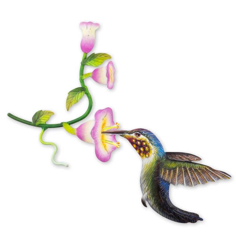 Handmade Steel 'Hummingbird and Hollyhocks' Wall Art Sculpture (Mexico)