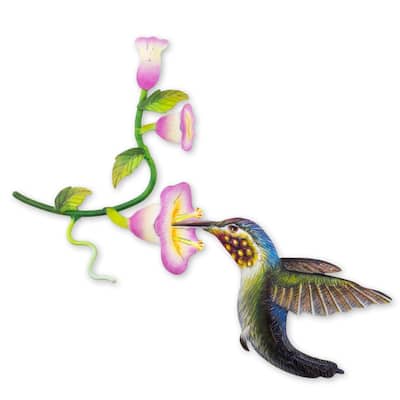 Handmade Steel 'Hummingbird and Hollyhocks' Wall Art Sculpture (Mexico)
