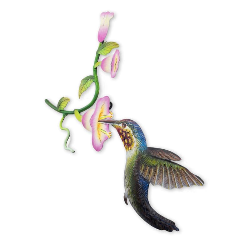 Handmade Steel 'Hummingbird and Hollyhocks' Wall Art Sculpture (Mexico)
