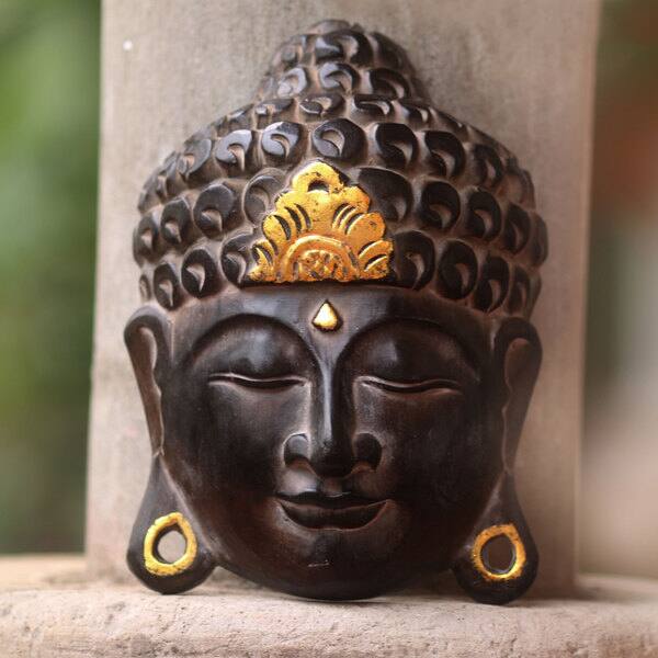 Handmade Albesia Wood Golden Buddha Serenity Wall Statue Indonesia Overstock