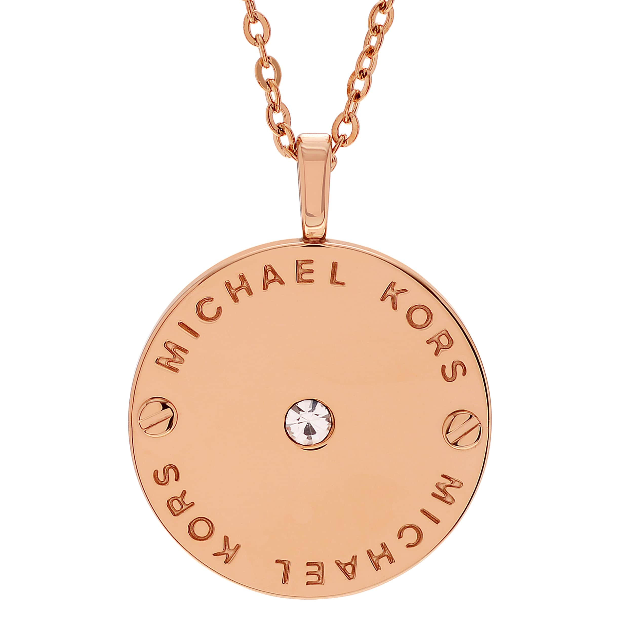 michael kors rose gold crystal logo disc pendant