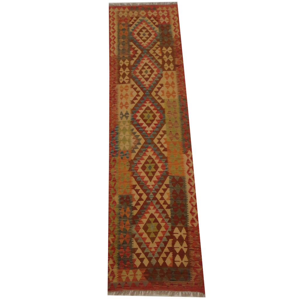 Handmade One-of-a-Kind Vegetable Dye Wool Mimana Kilim Runner (Afghanistan) - 2'7 x 9'9