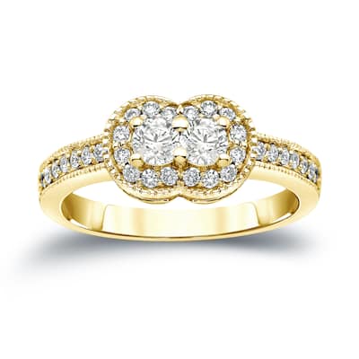 Auriya 14k Gold Vintage 3/4ct TDW 2-Stone Diamond Halo Engagement Ring