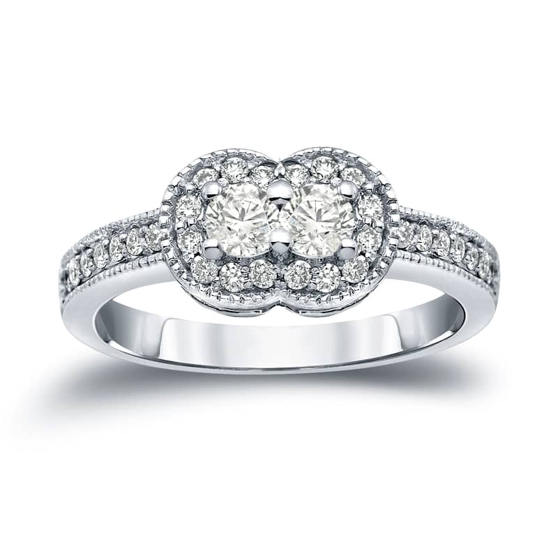 Auriya 14k Gold Vintage 3/4ct TDW 2-Stone Diamond Halo Engagement Ring