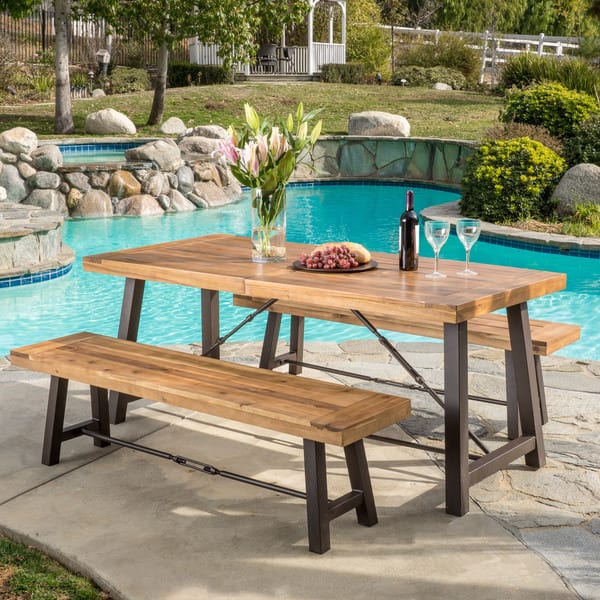 slide 2 of 10, Puerto Acacia Wood 3-piece Picnic Dining Set by Christopher Knight Home