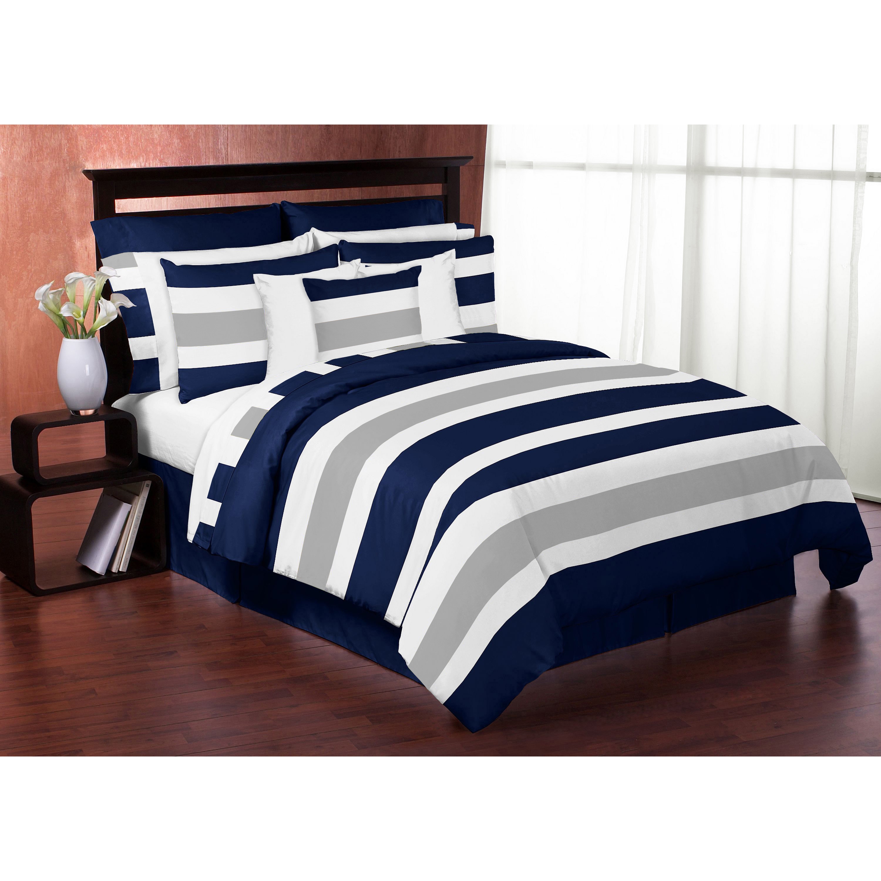 Sweet Jojo Designs Navy Blue And Gray Stripe 3 Piece Full Queen Size Comforter Set Overstock 12917242